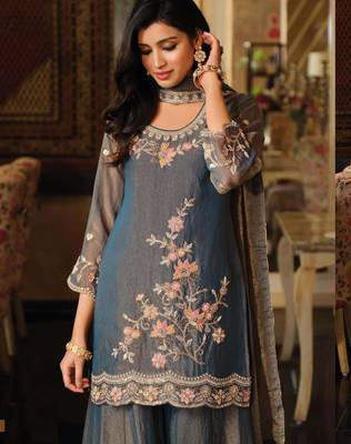 Blue moss silk handwork full stitched free size upto 44 wedding suits 4