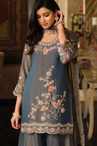 Blue moss silk handwork full stitched free size upto 44 wedding suits