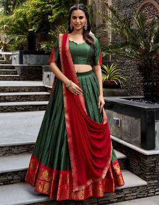 Alluring Bottle Green Zari Weaving Cotton Mehendi Wear Half Saree Lehenga 1