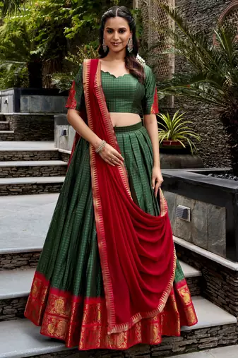 Alluring Bottle Green Zari Weaving Cotton Mehendi Wear Half Saree Lehenga