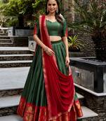Alluring Bottle Green Zari Weaving Cotton Mehendi Wear Half Saree Lehenga