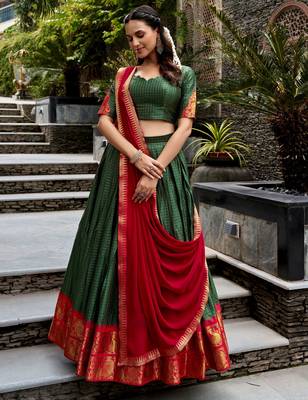 Alluring Bottle Green Zari Weaving Cotton Mehendi Wear Half Saree Lehenga 2