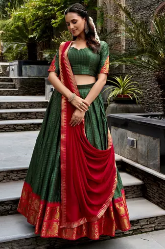 Alluring Bottle Green Zari Weaving Cotton Mehendi Wear Half Saree Lehenga