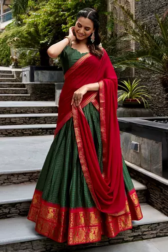 Alluring Bottle Green Zari Weaving Cotton Mehendi Wear Half Saree Lehenga