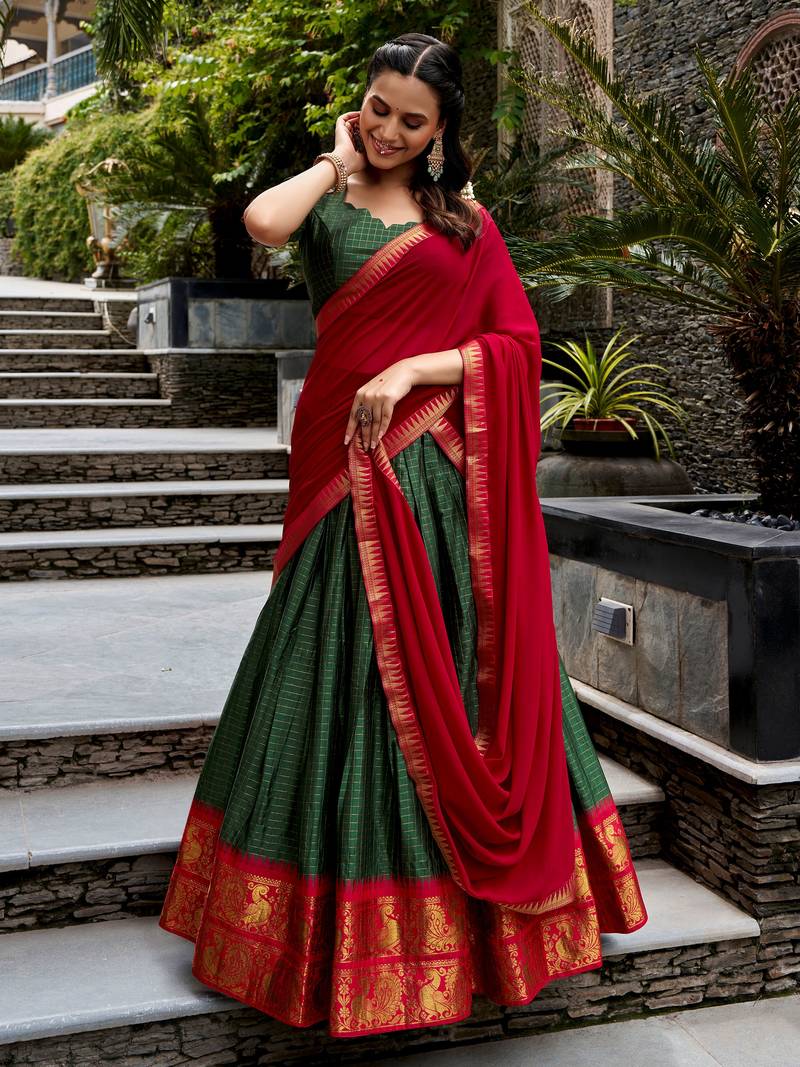Alluring Bottle Green Zari Weaving Cotton Mehendi Wear Half Saree Lehenga