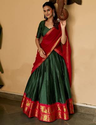 Alluring Bottle Green Zari Weaving Cotton Mehendi Wear Half Saree Lehenga 4