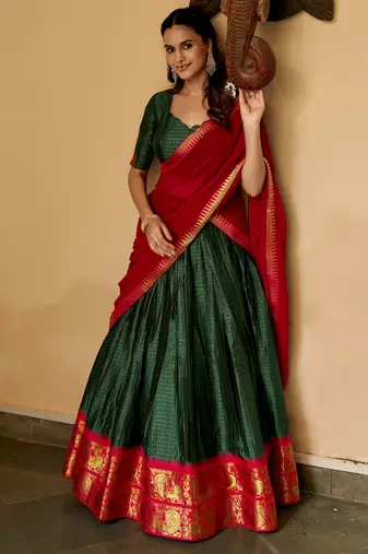 Alluring Bottle Green Zari Weaving Cotton Mehendi Wear Half Saree Lehenga