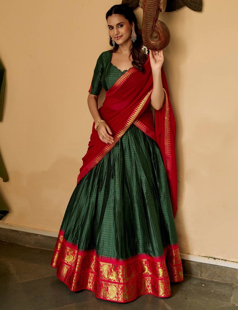 Alluring Bottle Green Zari Weaving Cotton Mehendi Wear Half Saree Lehenga