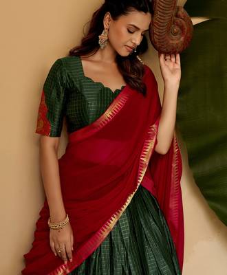 Alluring Bottle Green Zari Weaving Cotton Mehendi Wear Half Saree Lehenga 5