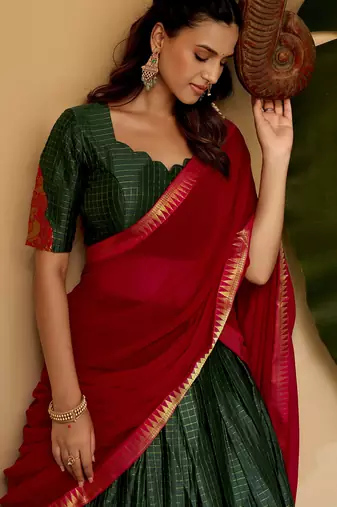 Alluring Bottle Green Zari Weaving Cotton Mehendi Wear Half Saree Lehenga