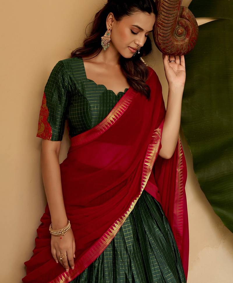 Alluring Bottle Green Zari Weaving Cotton Mehendi Wear Half Saree Lehenga