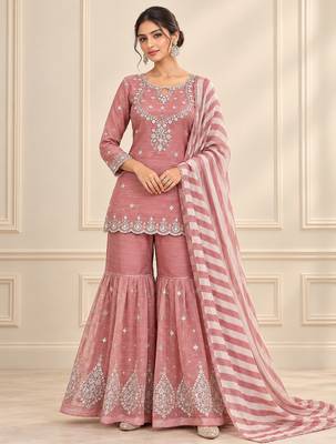 Rose salsa silk embroidered sharara suit set 1