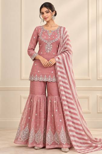 Rose salsa silk embroidered sharara suit set