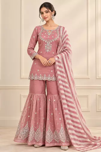 Rose salsa silk embroidered sharara suit set