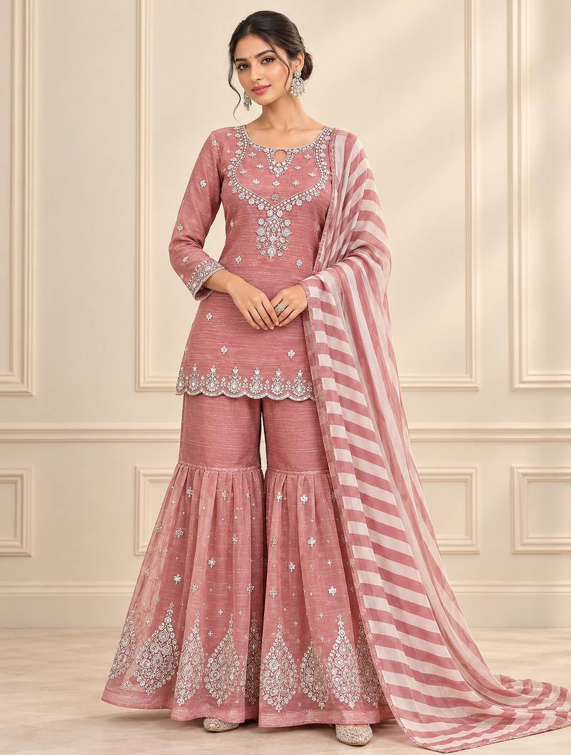 Rose salsa silk embroidered sharara suit set