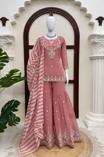 Rose salsa silk embroidered sharara suit set