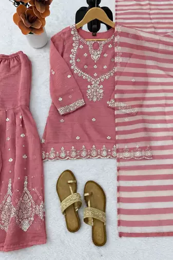 Rose salsa silk embroidered sharara suit set
