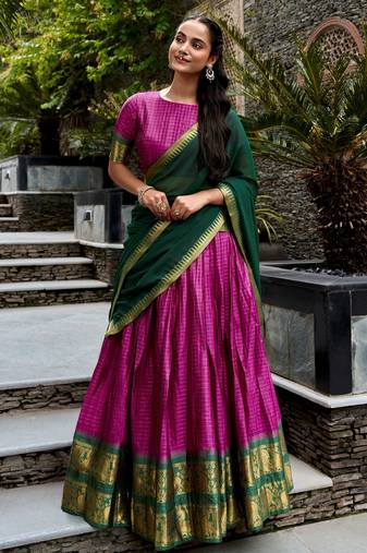 Rich Rani Pink Zari Weaving Cotton Engagement Wear Half Saree Lehenga