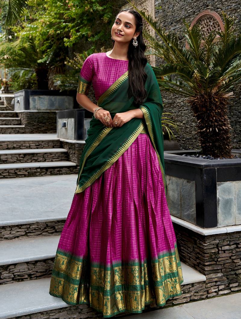 Rich Rani Pink Zari Weaving Cotton Engagement Wear Half Saree Lehenga