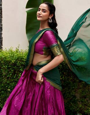 Rich Rani Pink Zari Weaving Cotton Engagement Wear Half Saree Lehenga 4