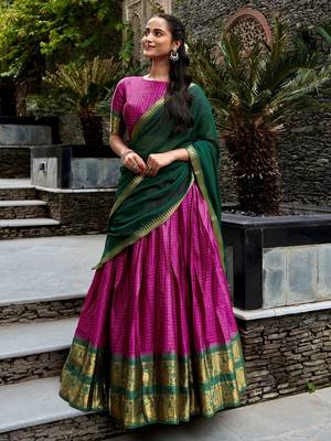 Rich Rani Pink Zari Weaving Cotton Engagement Wear Half Saree Lehenga 5