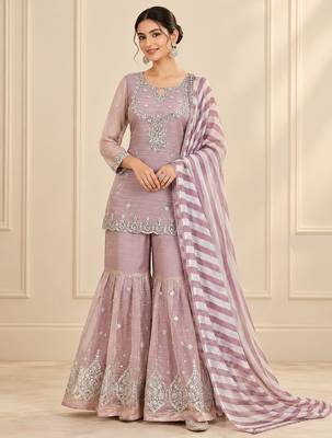 Mauve salsa silk embroidered sharara suit set 1