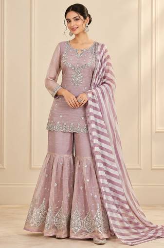 Mauve salsa silk embroidered sharara suit set