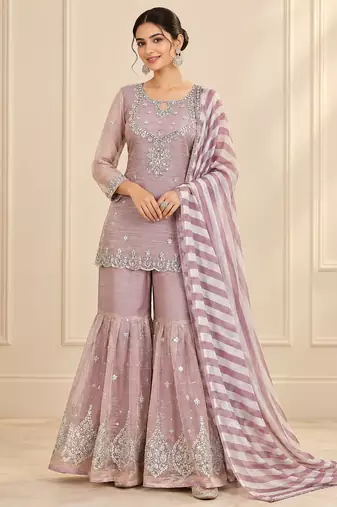 Mauve salsa silk embroidered sharara suit set