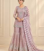 Mauve salsa silk embroidered sharara suit set