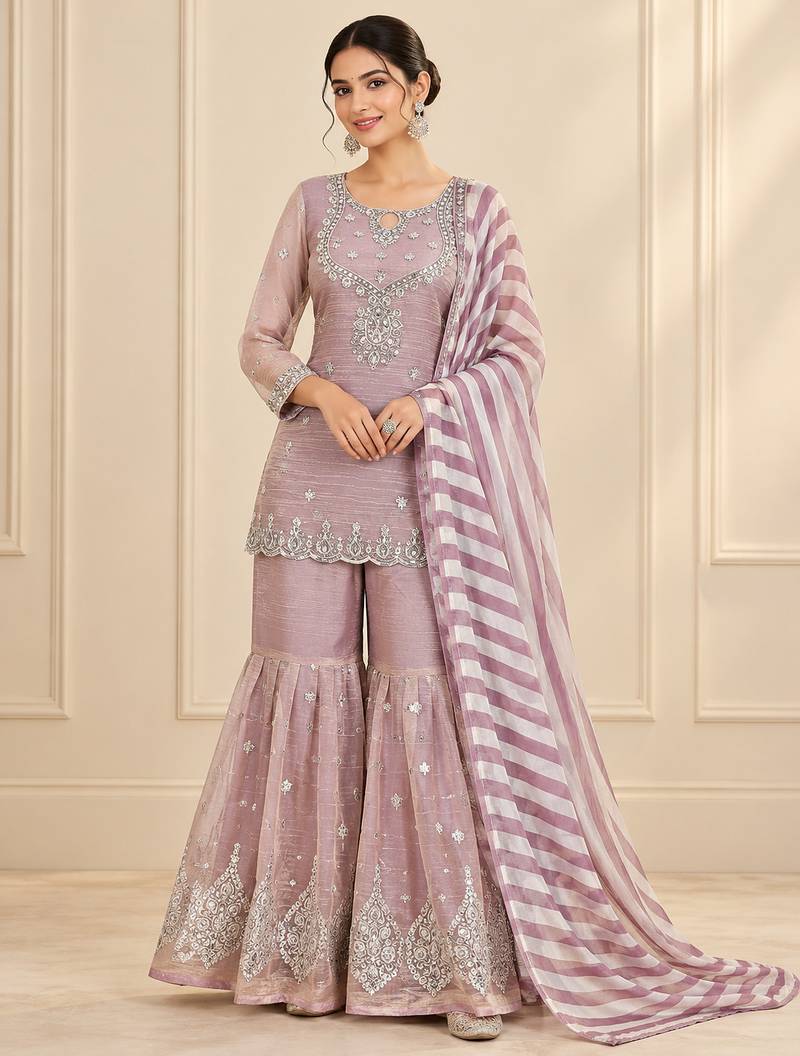 Mauve salsa silk embroidered sharara suit set