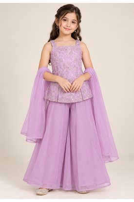 Girls purple sequins embroidered organza kurti palazzo set with dupatta 1