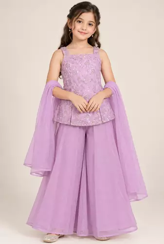 Girls purple sequins embroidered organza kurti palazzo set with dupatta