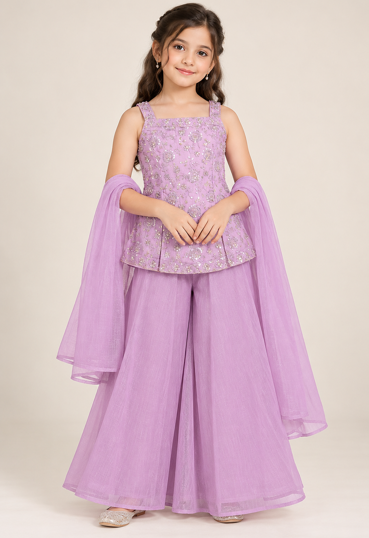 Girls purple sequins embroidered organza kurti palazzo set with dupatta