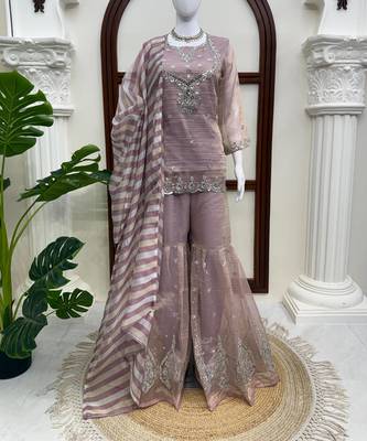 Mauve salsa silk embroidered sharara suit set 2