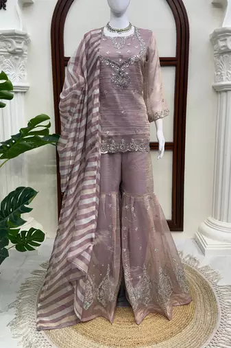 Mauve salsa silk embroidered sharara suit set