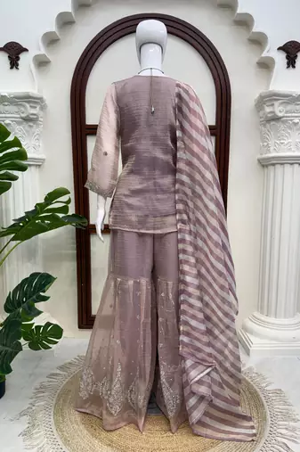Mauve salsa silk embroidered sharara suit set