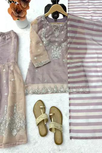 Mauve salsa silk embroidered sharara suit set