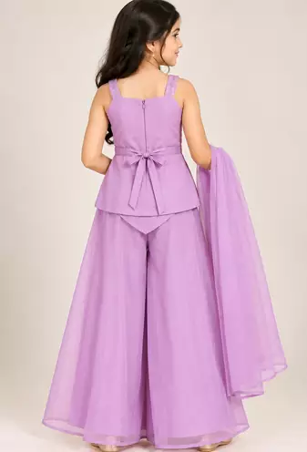 Girls purple sequins embroidered organza kurti palazzo set with dupatta