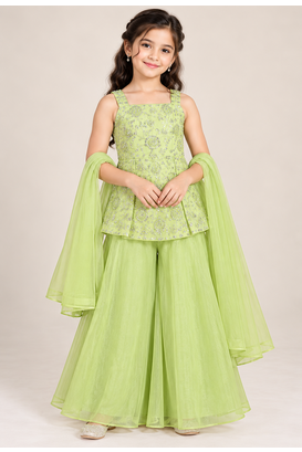 Girls pista green sequins embroidered organza kurti palazzo set with dupatta 1