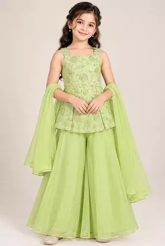 Girls pista green sequins embroidered organza kurti palazzo set with dupatta
