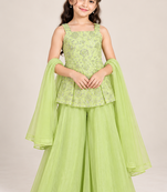 Girls pista green sequins embroidered organza kurti palazzo set with dupatta
