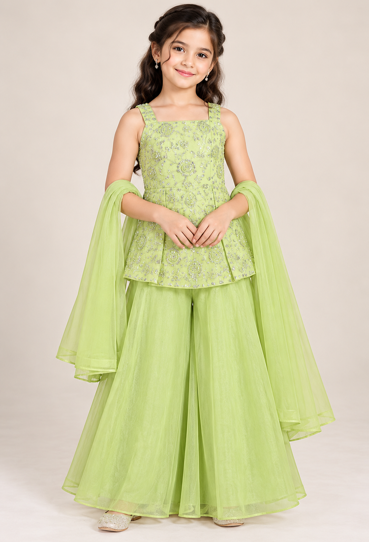 Girls pista green sequins embroidered organza kurti palazzo set with dupatta