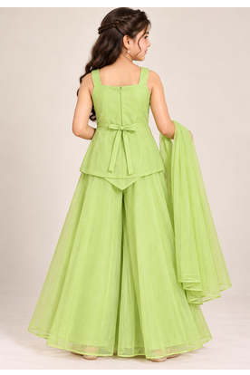 Girls pista green sequins embroidered organza kurti palazzo set with dupatta 2