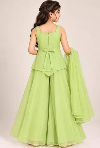 Girls pista green sequins embroidered organza kurti palazzo set with dupatta