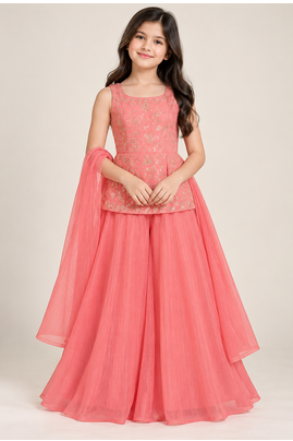 Girls rose pink sequins embroidered organza kurti palazzo set with dupatta 1