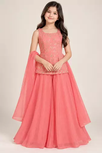 Girls rose pink sequins embroidered organza kurti palazzo set with dupatta