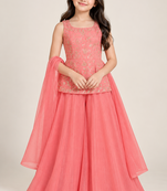 Girls rose pink sequins embroidered organza kurti palazzo set with dupatta