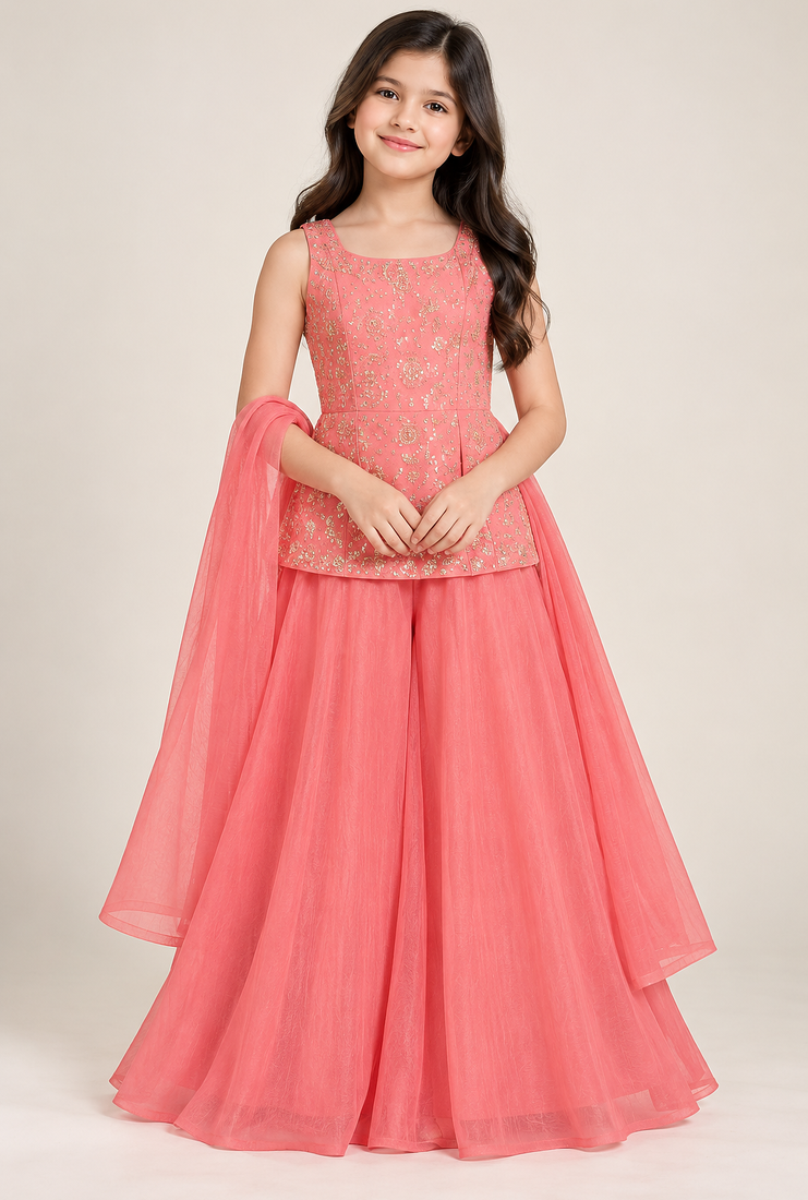 Girls rose pink sequins embroidered organza kurti palazzo set with dupatta