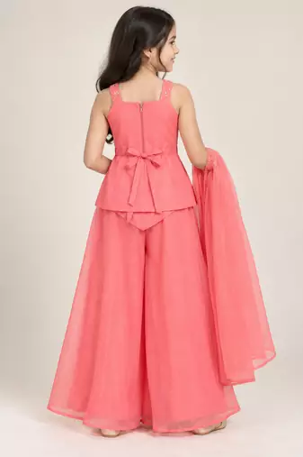 Girls rose pink sequins embroidered organza kurti palazzo set with dupatta