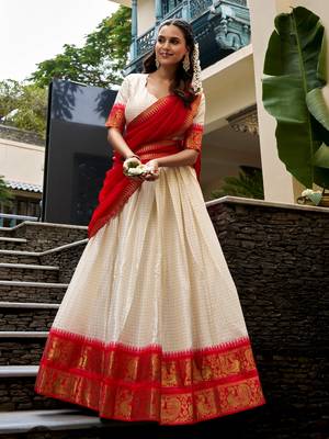 Charming White Zari Weaving Cotton Festive Wear Half Saree Lehenga 1